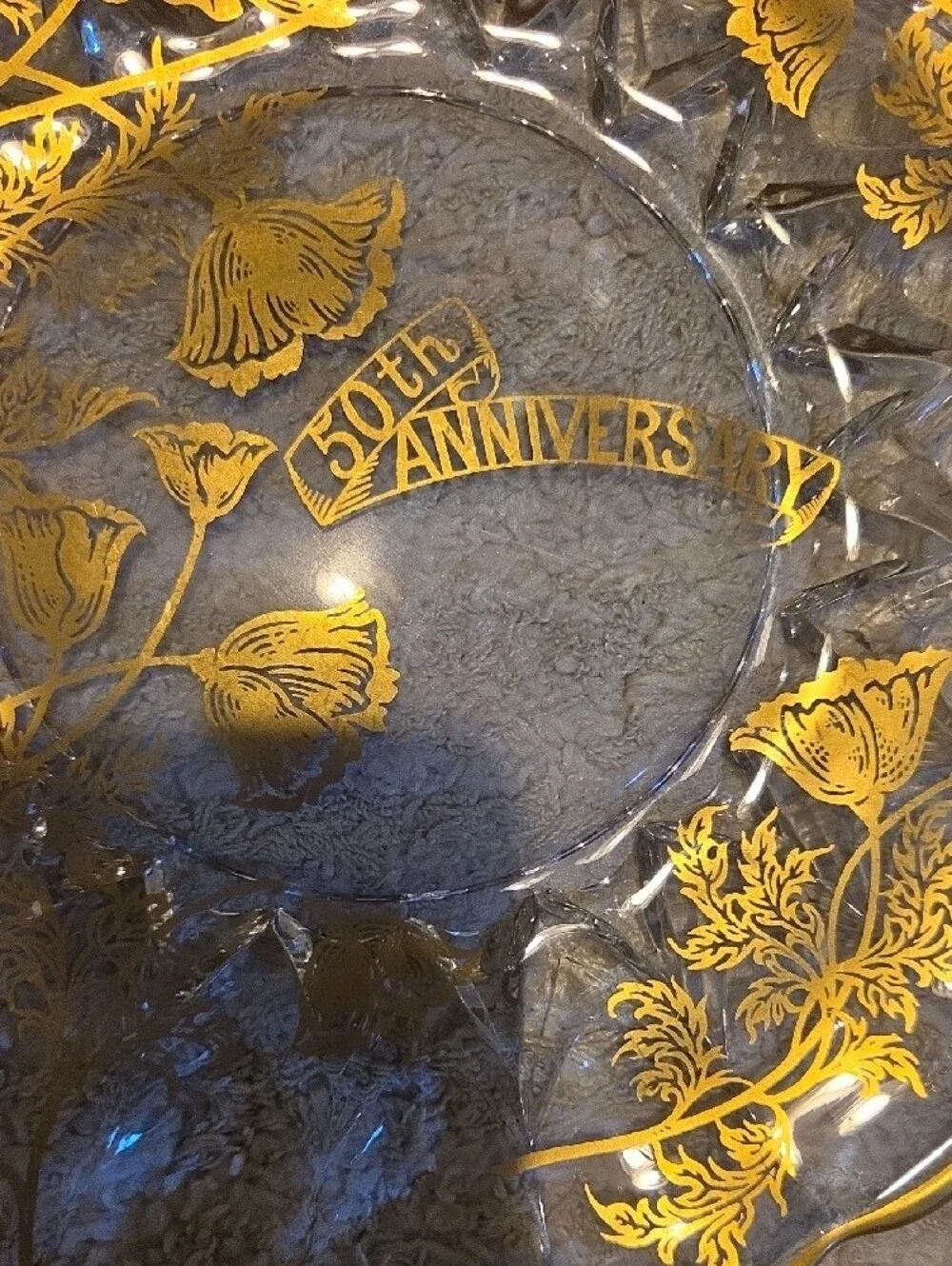 Glass Flanders Poppy 22k Gold Overlay Crystal Cake Plate 50th Anniversary